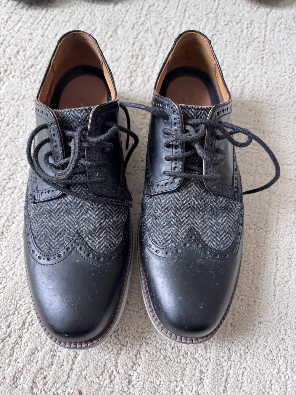Cole Haan Black Leather & Gray Herringbone Wingtip Oxfords